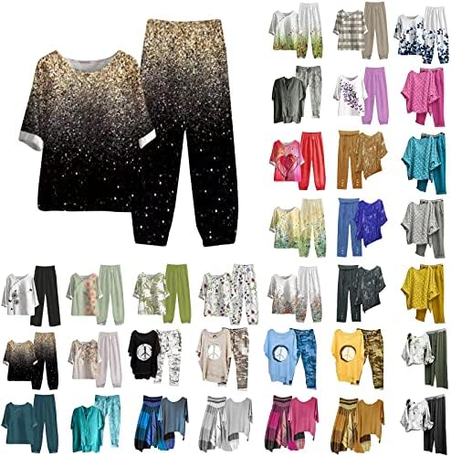 2 Parça Kıyafetler Kadınlar için Yaz Rahat Pamuk Keten Rahat Gevşek Fit Vintage tişört ve Pantolon Setleri Kısa Kollu Salon