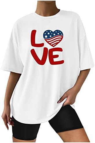 Büyük boy T Shirt Kadınlar için 2023 Yaz moda üst giyim Bağımsızlık Günü Baskı Tee Gömlek Casual Gevşek Tunik Tişörtleri