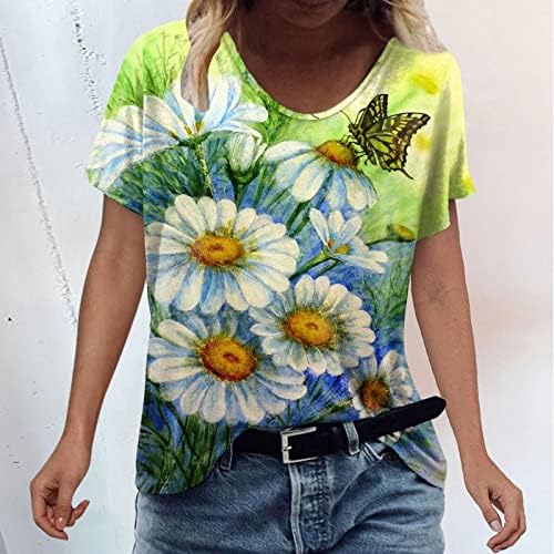 Bayan Yaz Tees Kadın Moda Üst Gömlek Yaz Zarif Kısa Kollu Üstleri O Boyun Gömlek Çiçek Rahat Baskılı