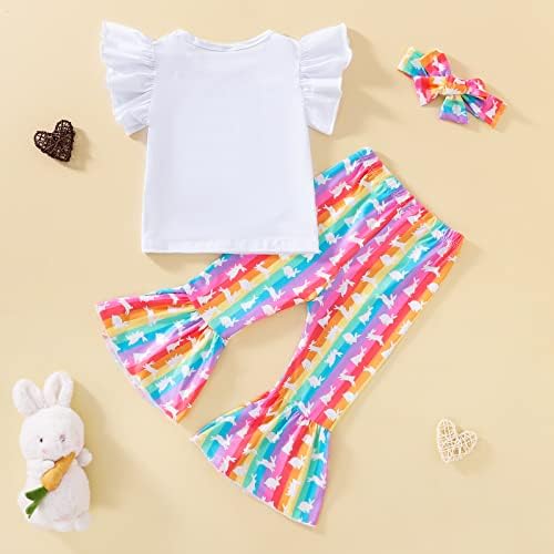 Toddler Kız Paskalya Giysileri Kıyafetler Sinek Kollu Tavşan Gömlek Üst Renkli Tavşan Çan Dipleri Kafa Bandı 3 Adet Set