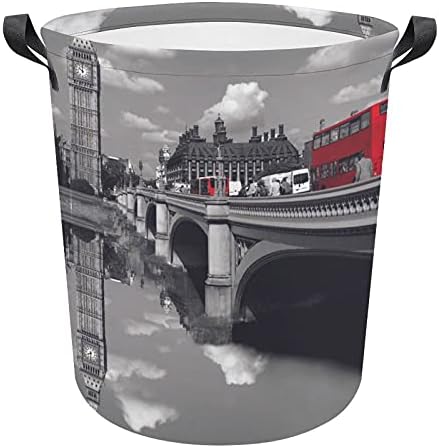 FoDuoDuo çamaşır sepeti Londra Otobüs Şehir Manzaralı Kolları İle Siyah Ve Beyaz Çamaşır Sepeti Katlanabilir Sepet Kirli