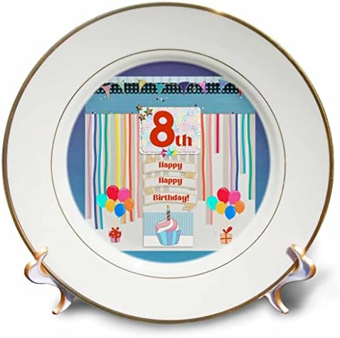 8. Doğum Günü Etiketinin 3dRose Görüntüsü, Kek, Mum, Balonlar, Hediyeler, Flamalar-Tabaklar (cp_359168_1)