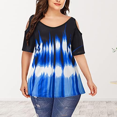 Artı Boyutu Tunik Gömlek Kadınlar için Kısa Kollu Rahat Soğuk Omuz Kravat boya Renk Bloğu yazlık t-Shirt
