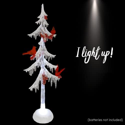 Noel Saçağı Ağacı Dekorasyon Kardinaller, Light Up Tatil ev dekorasyonu Beyaz Glitter ve Kuşlar, 18 İnç