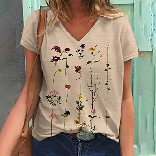 Kadın Çiçek Üstleri Kısa Kollu V Boyun Tee T Shirt Baskı Renk Bloğu Rahat Fit Tunik Yaz Temel Tees Rahat Bluz