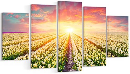 Designart Çiçek Açan Beyaz Laleler-Manzara Fotoğraf Tuval sanat Baskı - 60x28 5 Parça, 60x28-5 Eşit Paneller, Yeşil
