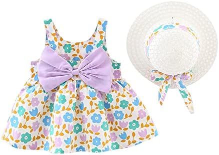 lczıwo 1-5T Bebek Kız yaz elbisesi Kolsuz Backless doğum günü partisi elbiseleri Çiçek Yay Tatil Sundress Hasır şapka seti