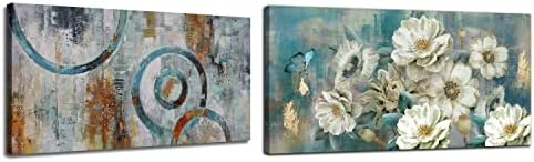 Arjun Soyut Geometri Daire Blokları Gri Kahverengi Boyama 40 x 20, Beyaz Çiçekler Zarif Modern Resim, folyo Altın Rustik