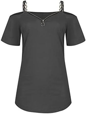 Kadın Yaz Üstleri Moda Rahat İnce V Yaka Fermuar Kapalı Omuz Katı Askı kısa kollu tişört 2023