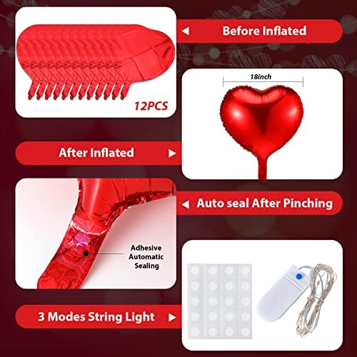 Sevgililer Günü 12 Takım Light up LED Balonlar Folyo Kalp kırmızı dize ışıkları Süslemeleri için 6.6 ft ile 18 İnç Kırmızı