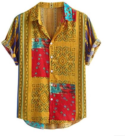 BEIBEIA erkek Pamuk Keten Gömlek Kısa Kollu Yaz Çiçek Düğme Aşağı havai gömleği Vintage Boho Casual Plaj Tops