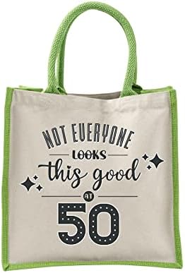 50th Doğum Günü Tote Çanta Kadınlar için Hediyeler-Alışveriş için Yeniden Kullanılabilir Pamuklu Jüt omuz çantaları-Bu İyi-Yeşil-S