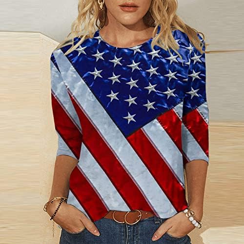 Vintage 4th Temmuz Kadınlar için Üstleri Rahat Vatansever Bağımsızlık Günü Gömlek 3/4 Kollu T-Shirt Yaz ABD Bayrağı Bluzlar