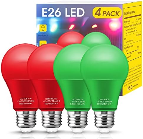 Kırmızı Ampuller Yeşil Ampuller [4'lü Paket] - A19 LED Kırmızı ve Yeşil Ampuller 9W (60W Eşdeğeri) - E26 Tabanlı Kırmızı