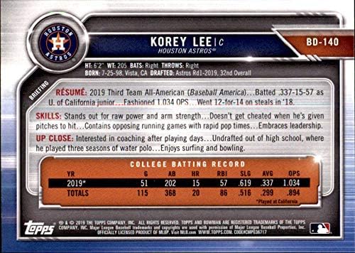 2019 Bowman Taslak Beyzbol BD-140 Korey Lee Houston Astros Topps tarafından üretilen Resmi MLB Ticaret Kartı